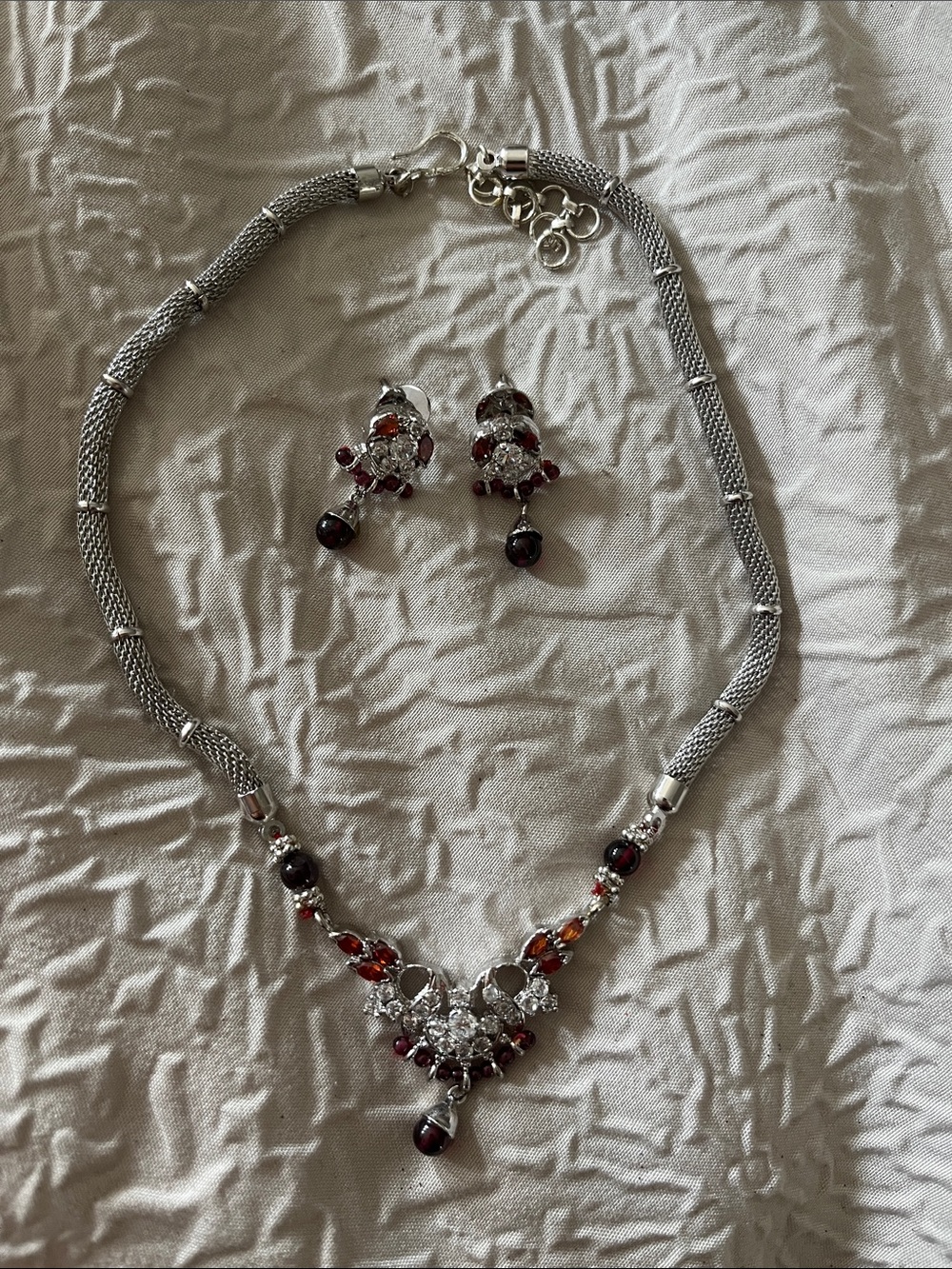 Silver-Tone Necklace and Earring Set with Deep Red Accents